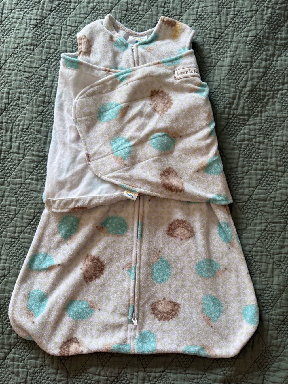 Halo Baby Sleep Sack Swaddle in Cream, Teal & Brown Hedgehog Pattern